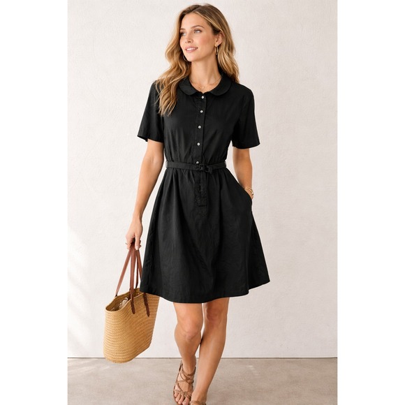 L.L. Bean Tops - L.L.Bean 100% Silk Shirt Dress Womens 8 Black Button Front Belted Minimalist